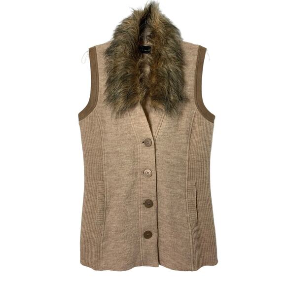 TRIBAL‎ Sweater Vest Womens Medium Beige Wool Knit Removable Faux Fur Collar - Picture 1 of 10